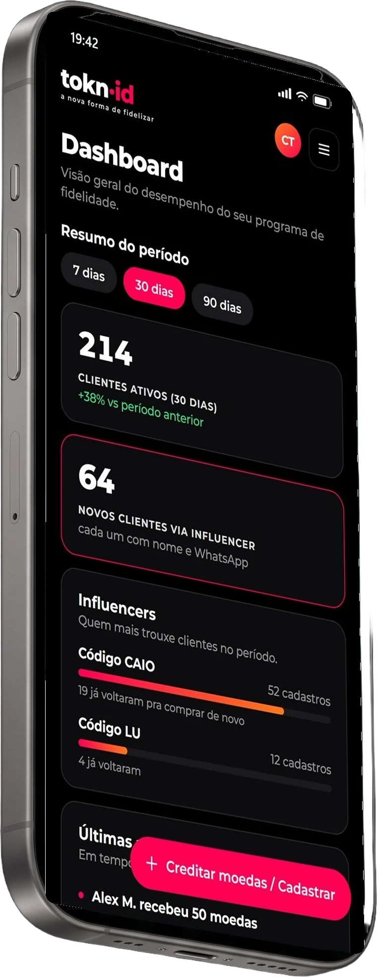 Celular com o painel do app da tokn.id